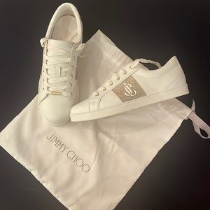 Jimmy Choo Glitter Leather Sneaker, Size 39.5
